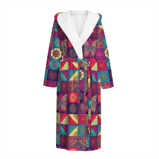 Bohemian Patchwork Pattern Print Hooded Bathrobe