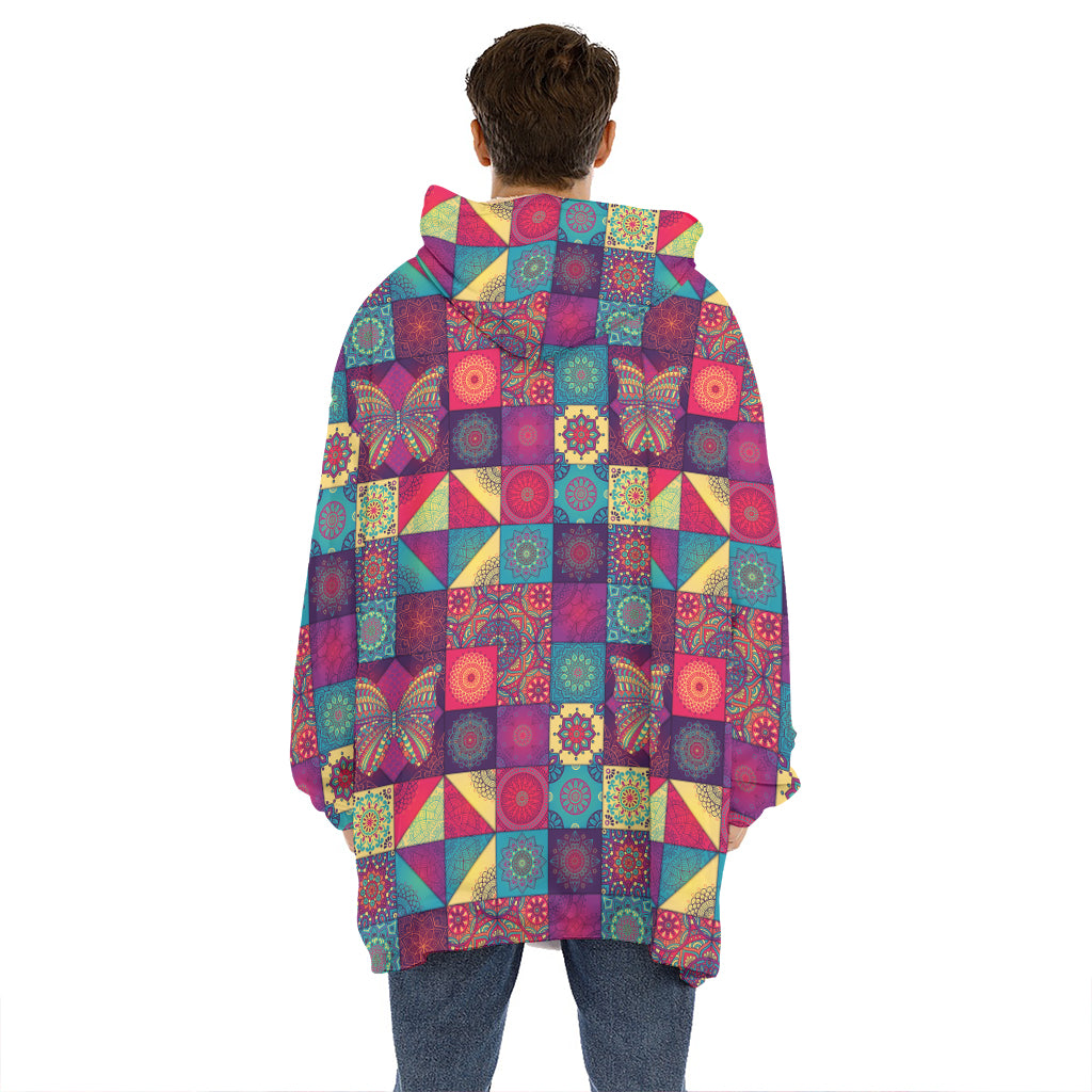 Bohemian Patchwork Pattern Print Hoodie Blanket