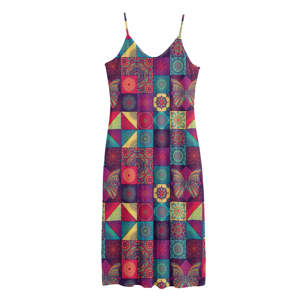 Bohemian Patchwork Pattern Print Jersey Midi Cami Dress