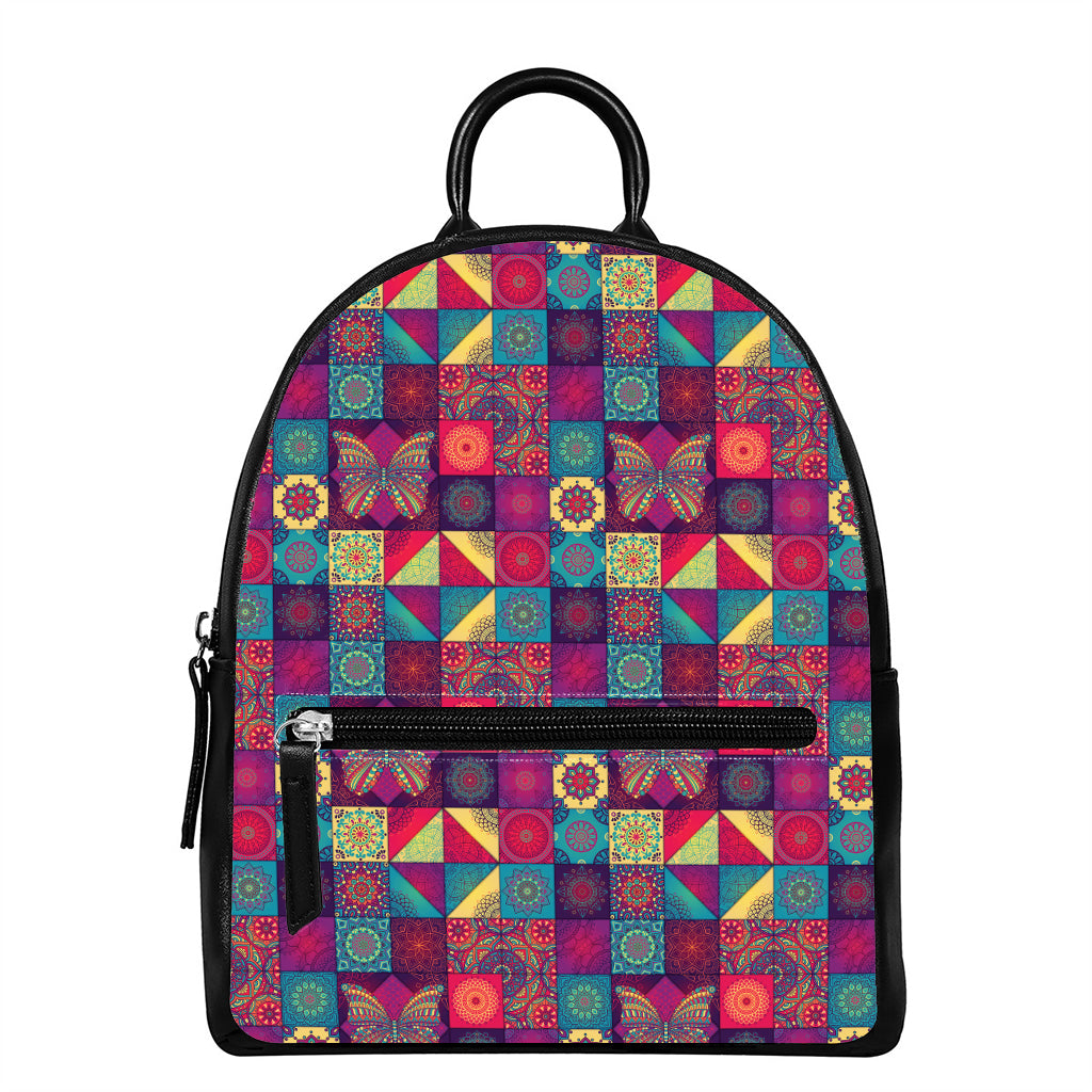 Bohemian Patchwork Pattern Print Leather Backpack
