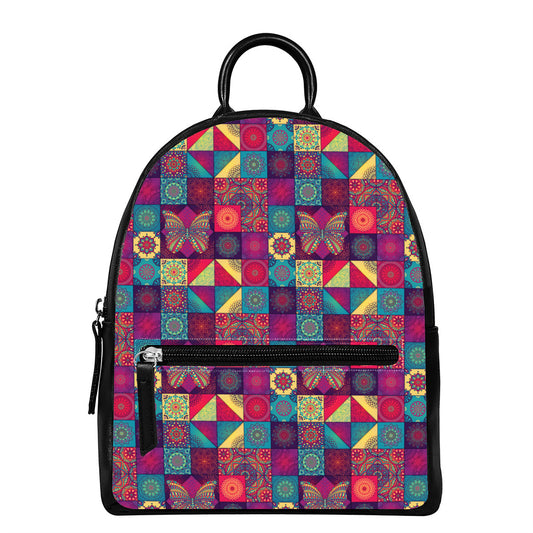 Bohemian Patchwork Pattern Print Leather Backpack