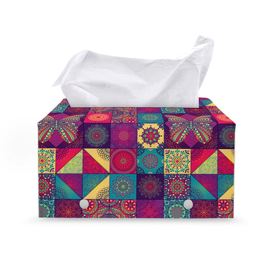 Bohemian Patchwork Pattern Print Leather Tissue Box Cover