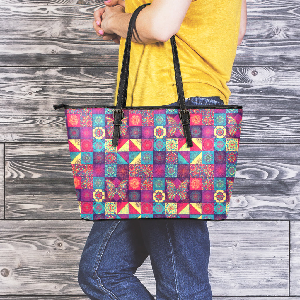 Bohemian Patchwork Pattern Print Leather Tote Bag