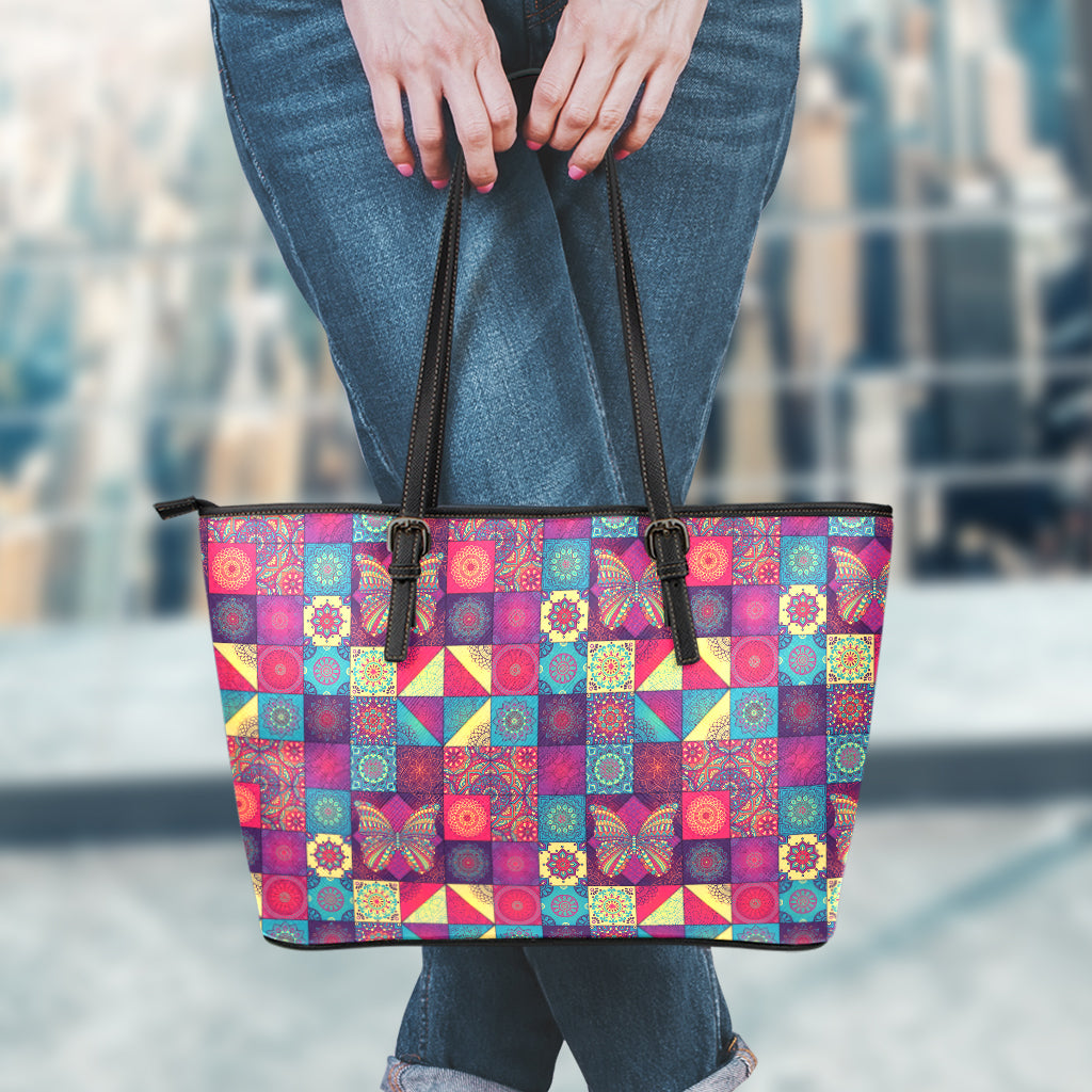 Bohemian Patchwork Pattern Print Leather Tote Bag