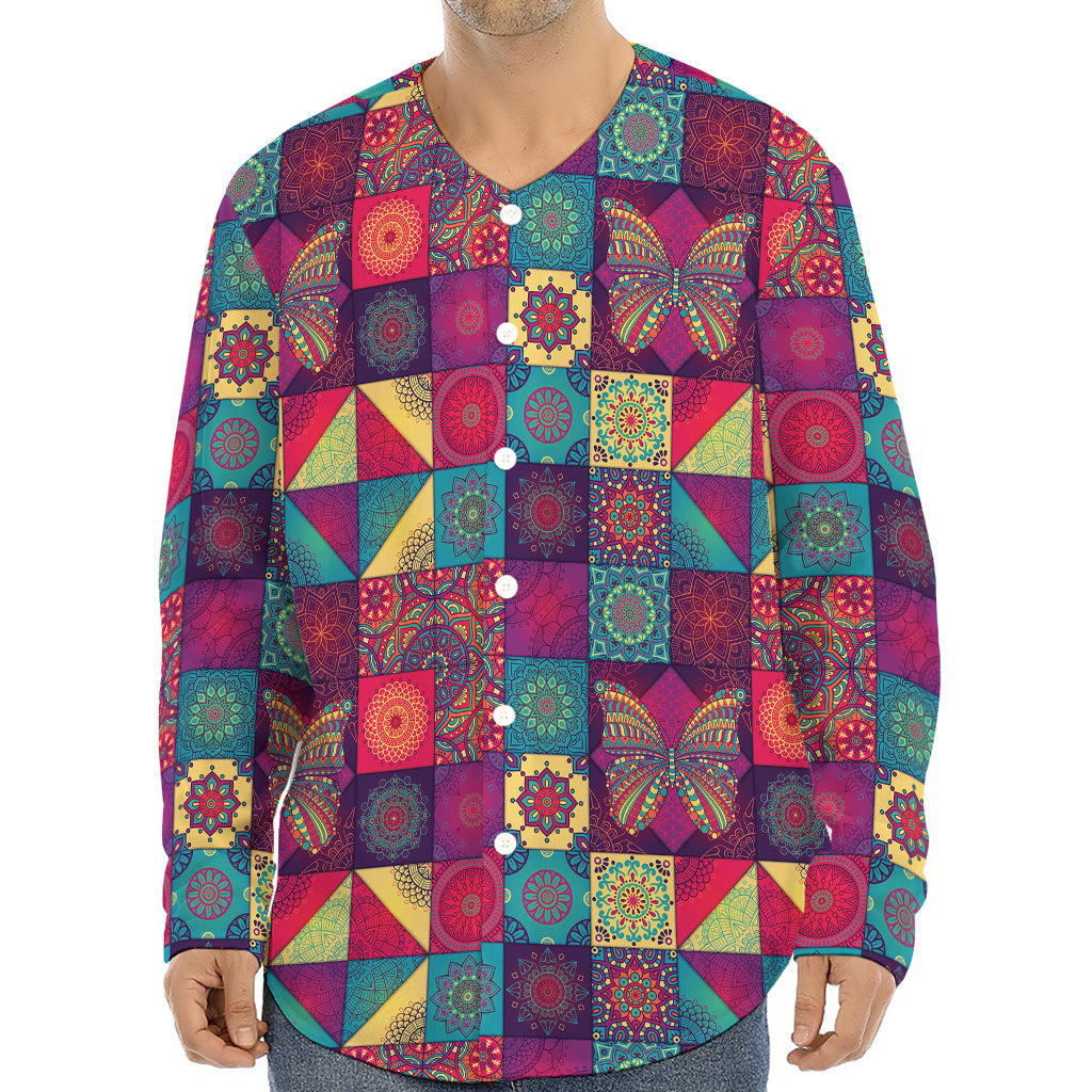 Bohemian Patchwork Pattern Print Long Sleeve Baseball Jersey