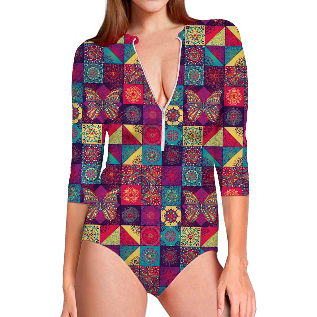 Bohemian Patchwork Pattern Print Long Sleeve Swimsuit
