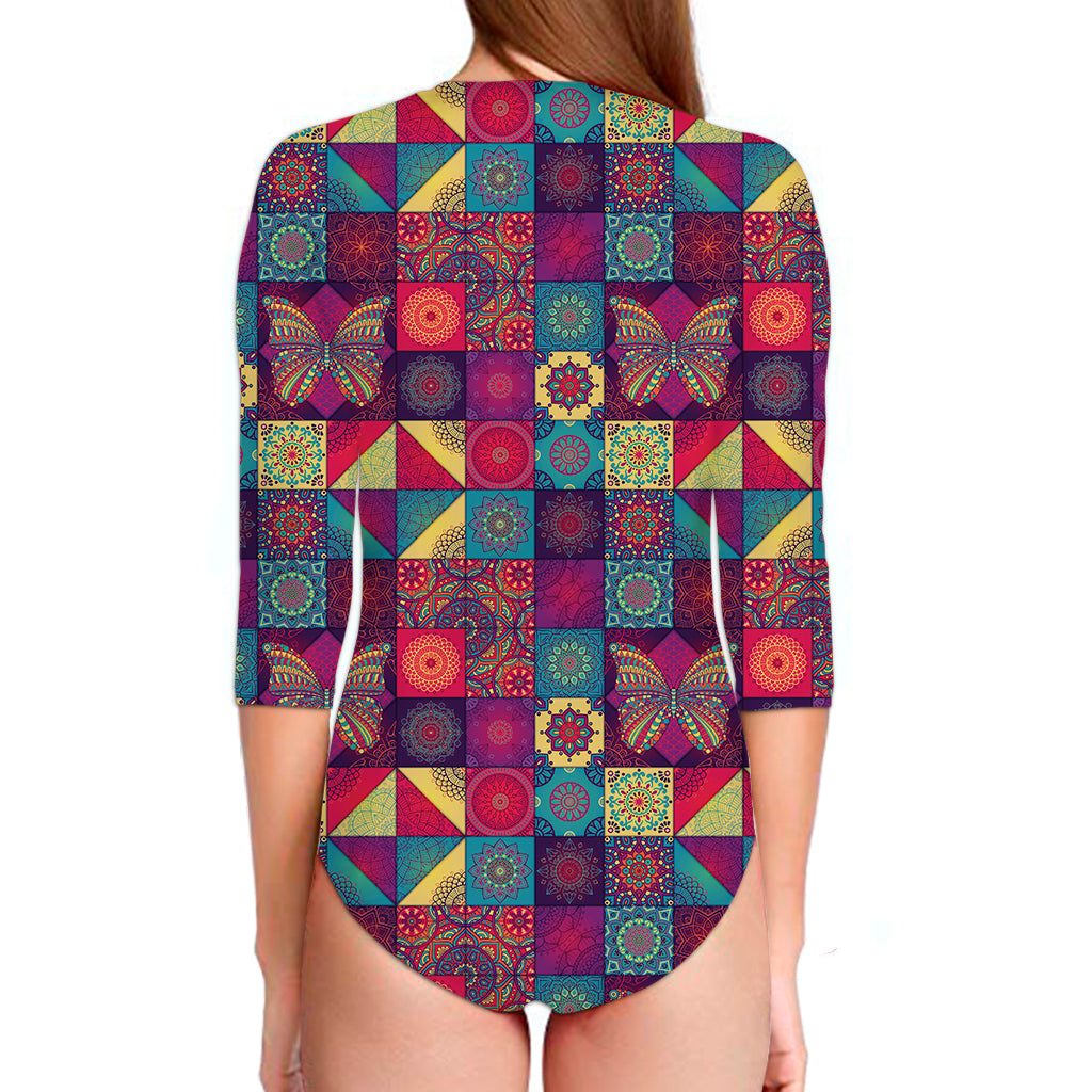 Bohemian Patchwork Pattern Print Long Sleeve Swimsuit
