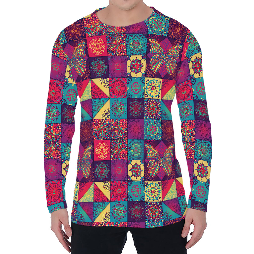 Bohemian Patchwork Pattern Print Men's Long Sleeve T-Shirt