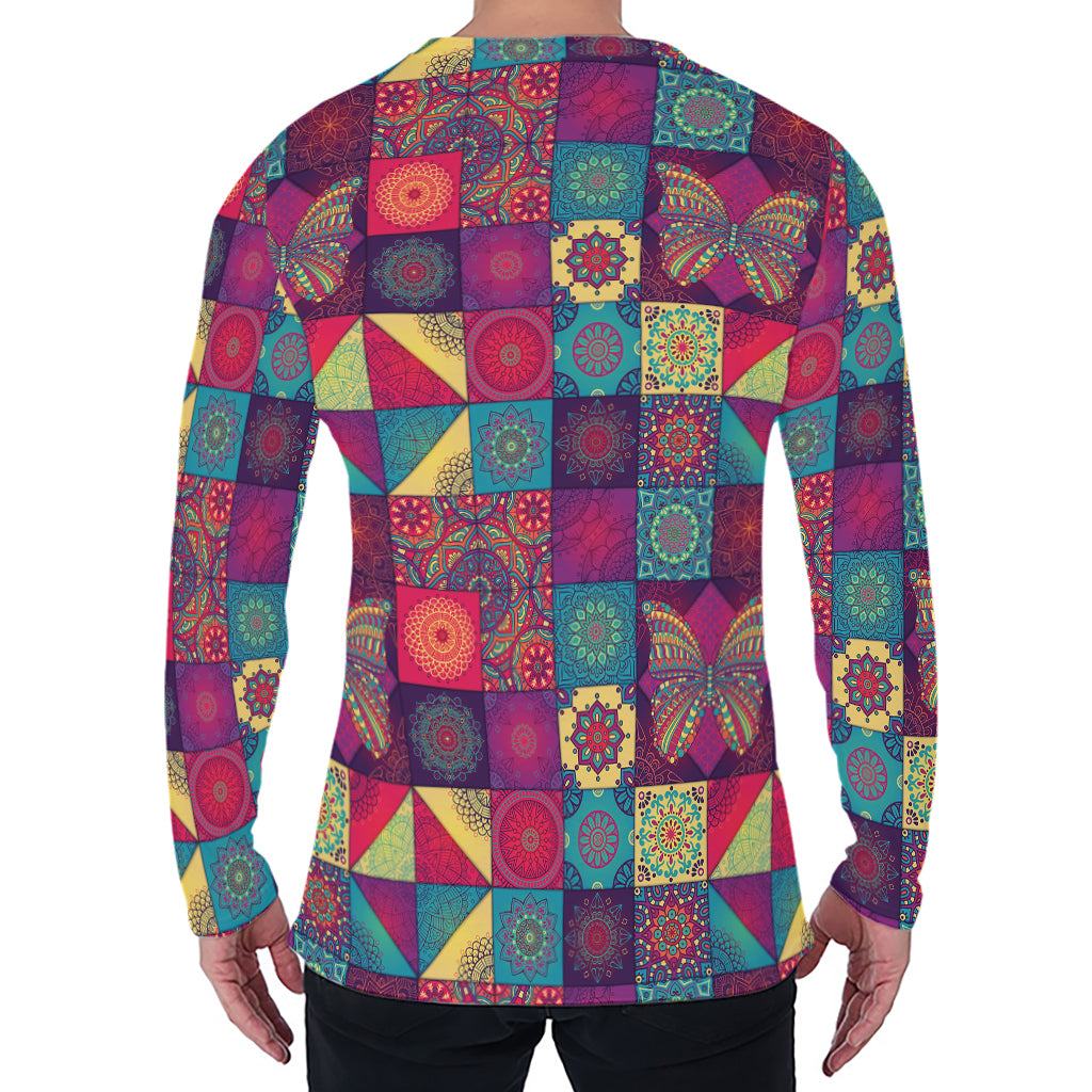 Bohemian Patchwork Pattern Print Men's Long Sleeve T-Shirt