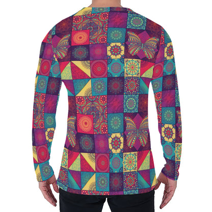 Bohemian Patchwork Pattern Print Men's Long Sleeve T-Shirt