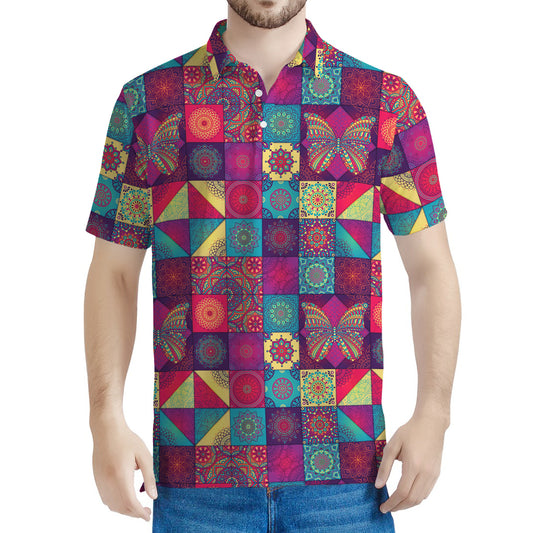 Bohemian Patchwork Pattern Print Men's Polo Shirt