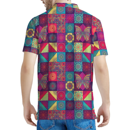 Bohemian Patchwork Pattern Print Men's Polo Shirt