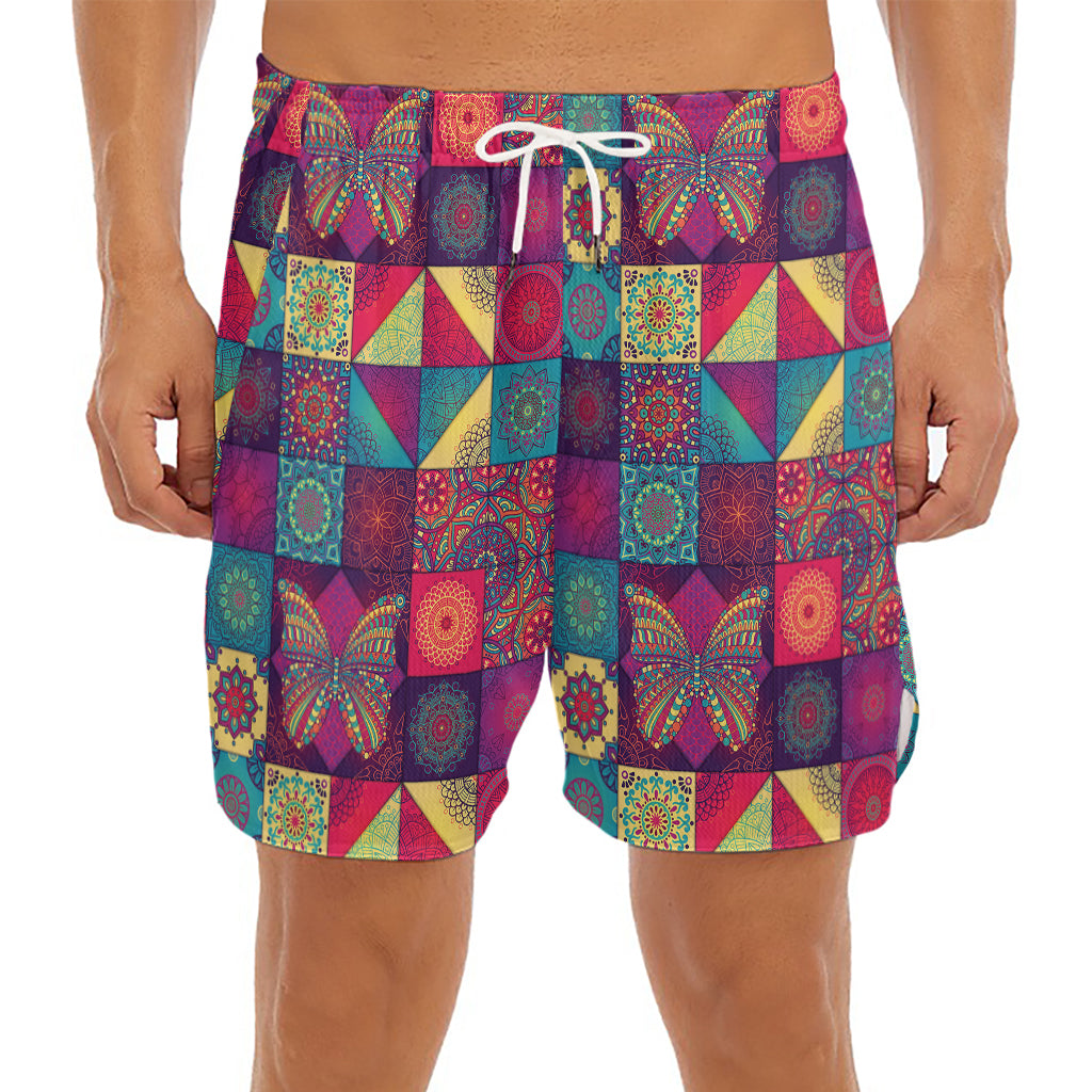 Bohemian Patchwork Pattern Print Men's Split Running Shorts