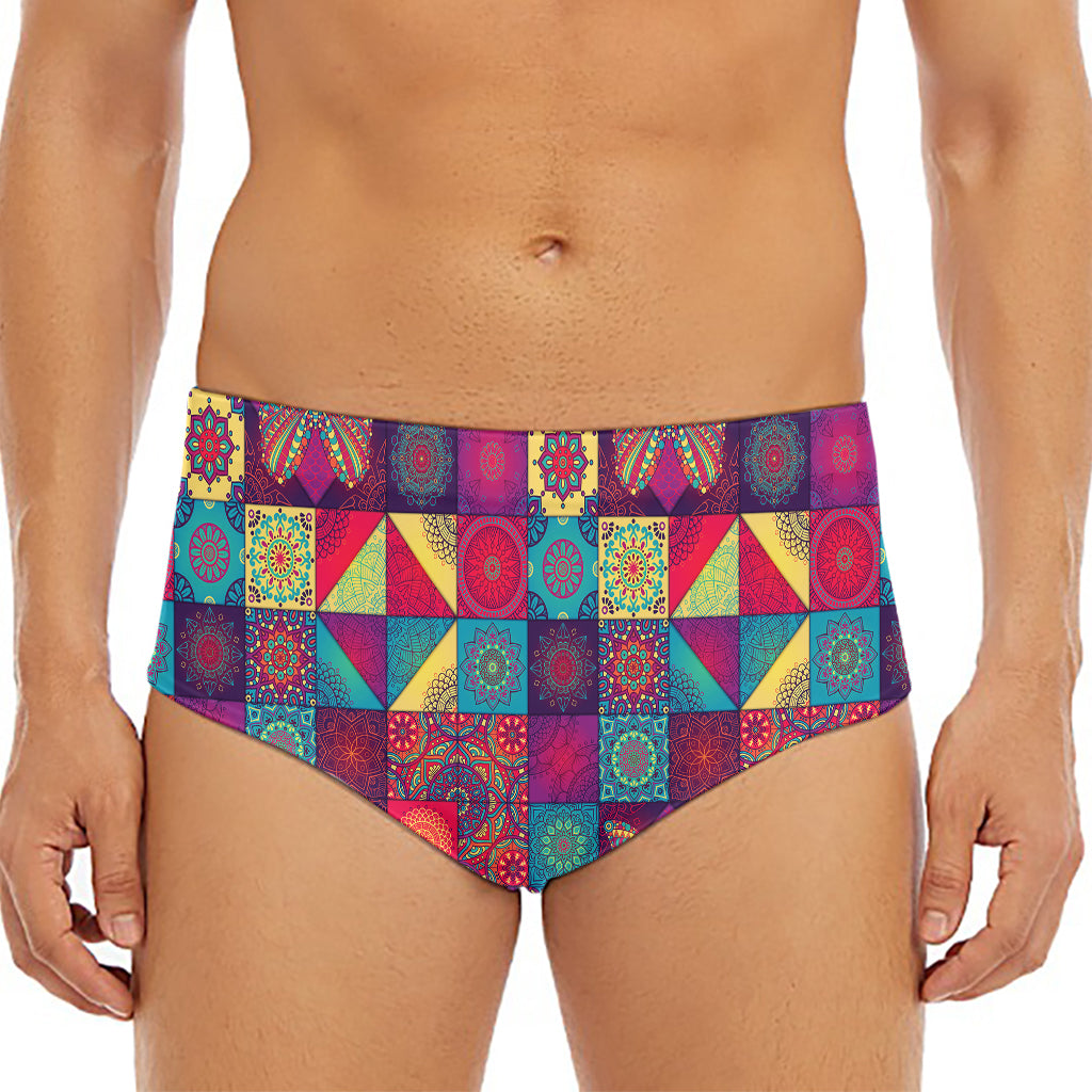 Bohemian Patchwork Pattern Print Men's Triangle Swim Briefs