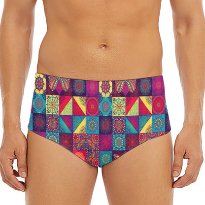 Bohemian Patchwork Pattern Print Men's Triangle Swim Briefs