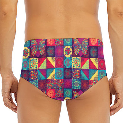 Bohemian Patchwork Pattern Print Men's Triangle Swim Briefs