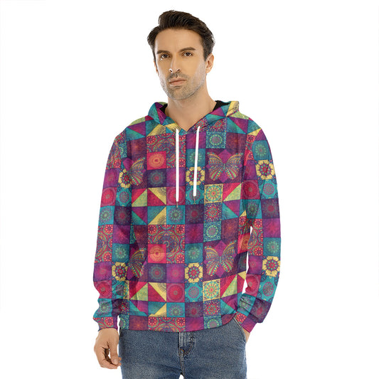Bohemian Patchwork Pattern Print Men's Velvet Pullover Hoodie