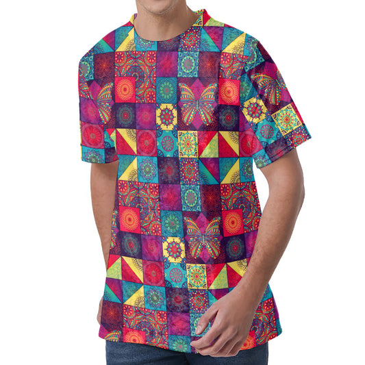 Bohemian Patchwork Pattern Print Men's Velvet T-Shirt