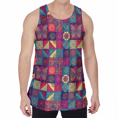 Bohemian Patchwork Pattern Print Men's Velvet Tank Top