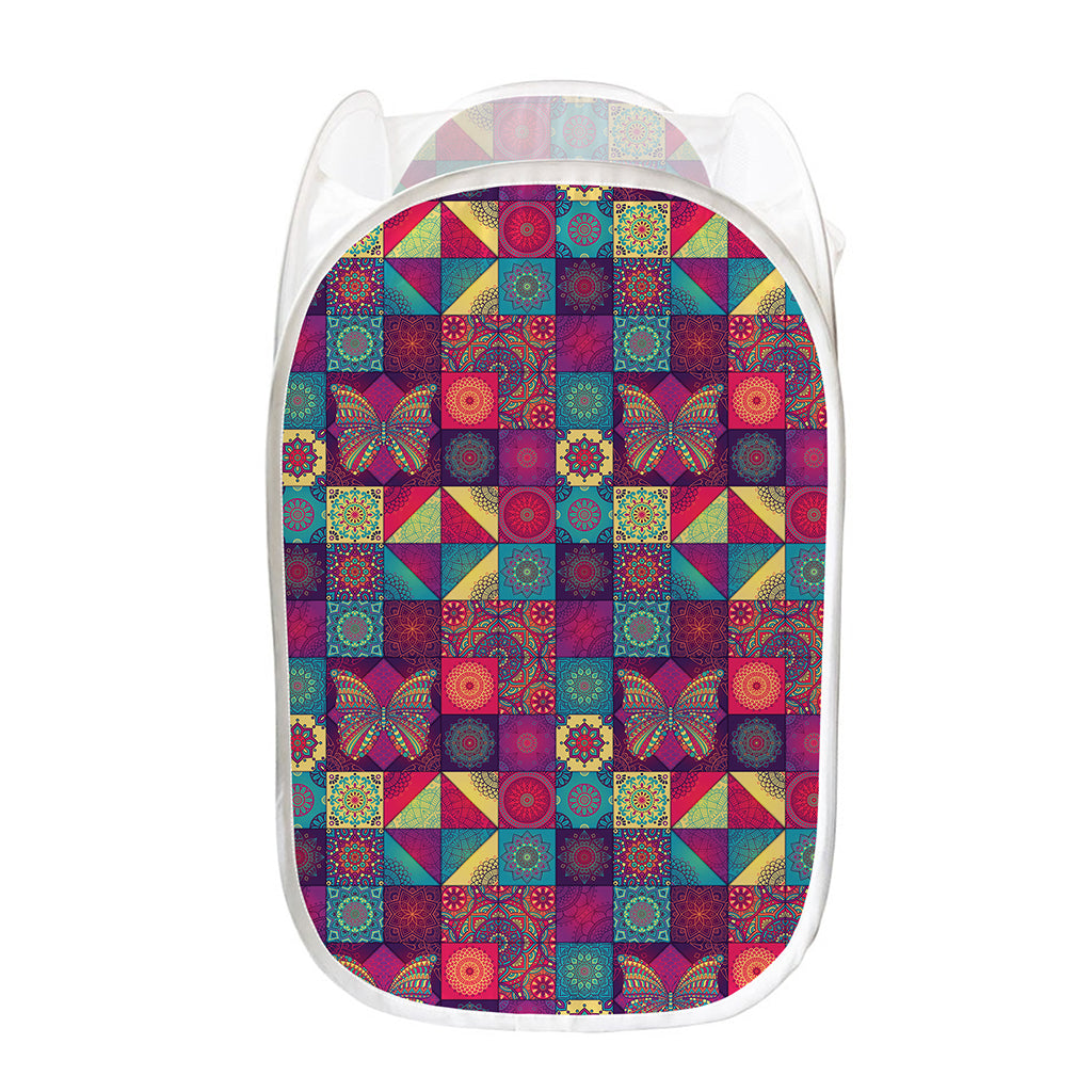 Bohemian Patchwork Pattern Print Mesh Laundry Hamper