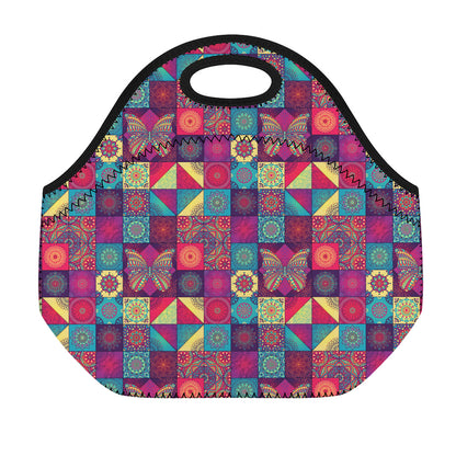 Bohemian Patchwork Pattern Print Neoprene Lunch Bag