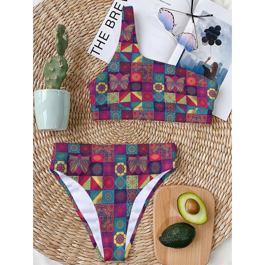 Bohemian Patchwork Pattern Print One Shoulder Bikini Top