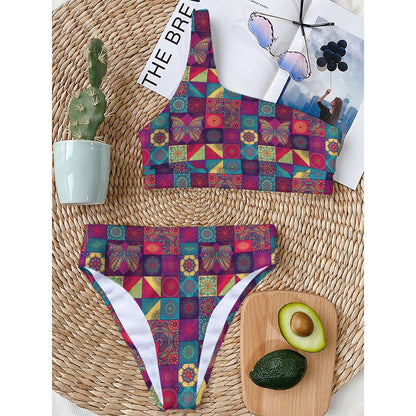 Bohemian Patchwork Pattern Print One Shoulder Bikini Top