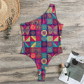 Bohemian Patchwork Pattern Print One Shoulder Bodysuit