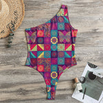 Bohemian Patchwork Pattern Print One Shoulder Bodysuit