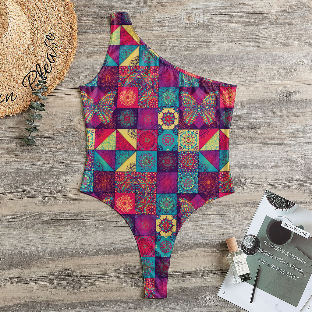 Bohemian Patchwork Pattern Print One Shoulder Bodysuit