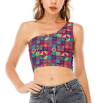 Bohemian Patchwork Pattern Print One Shoulder Crop Top