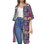 Bohemian Patchwork Pattern Print Open Front Beach Cover Up