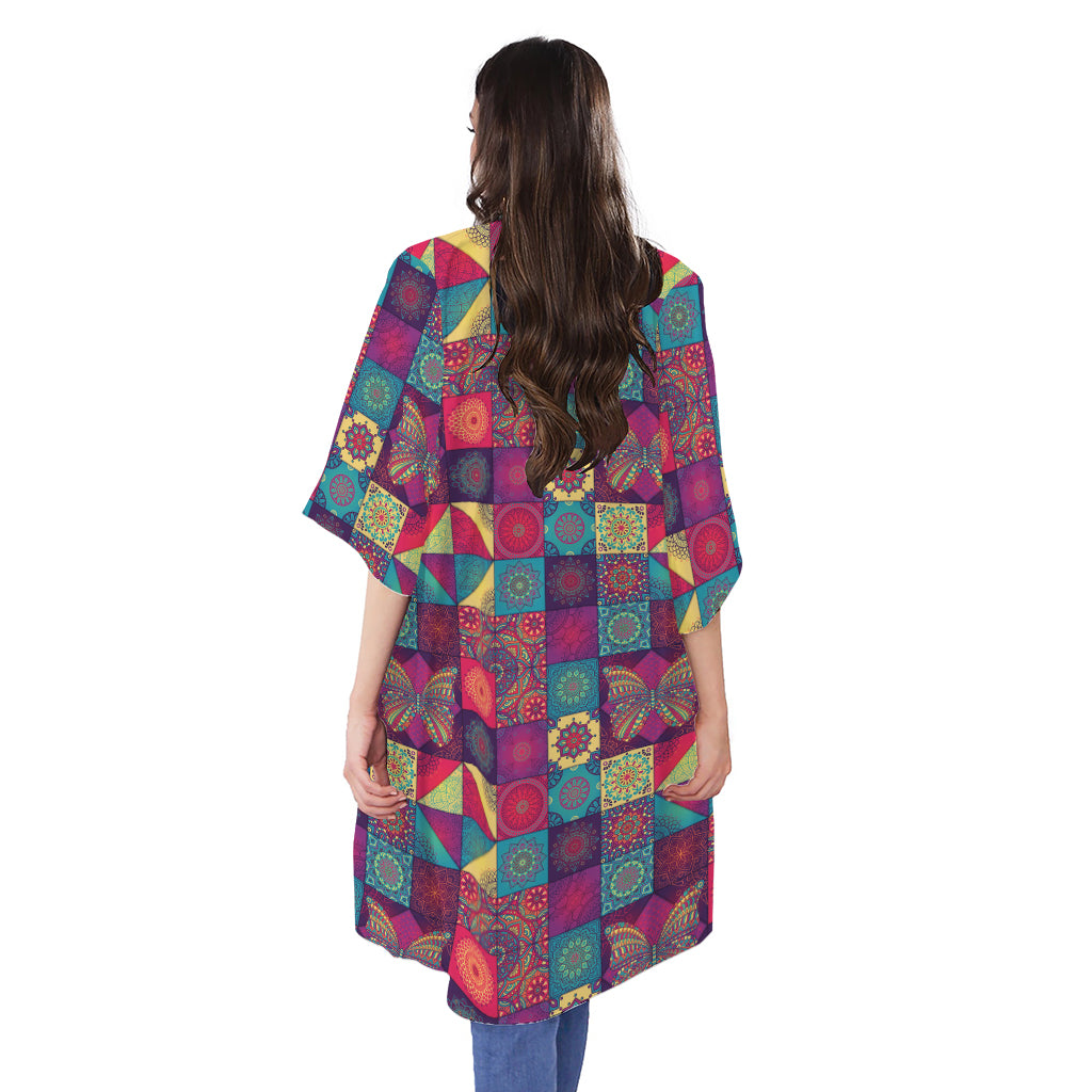 Bohemian Patchwork Pattern Print Open Front Beach Cover Up