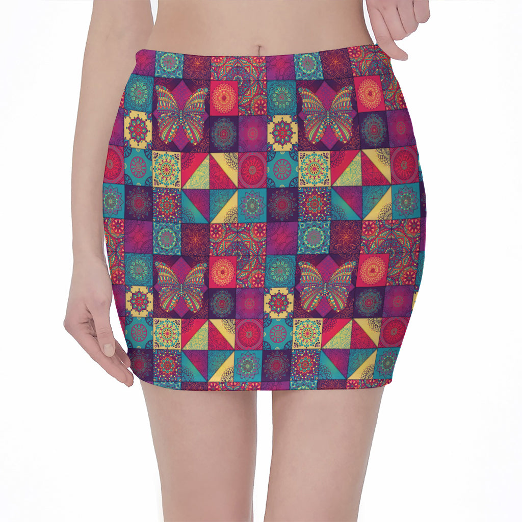 Bohemian Patchwork Pattern Print Pencil Mini Skirt