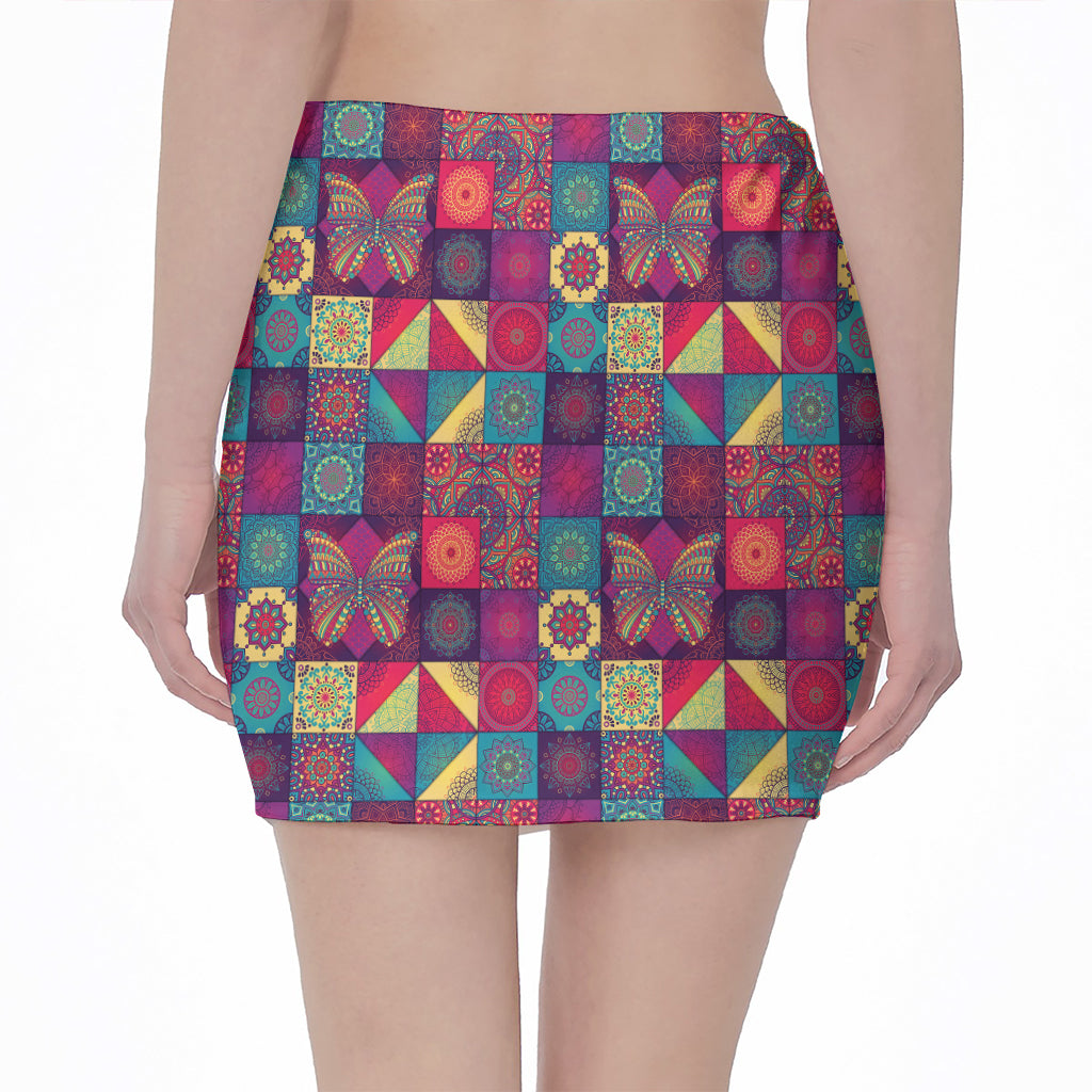 Bohemian Patchwork Pattern Print Pencil Mini Skirt