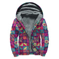 Bohemian Patchwork Pattern Print Sherpa Lined Zip Up Hoodie