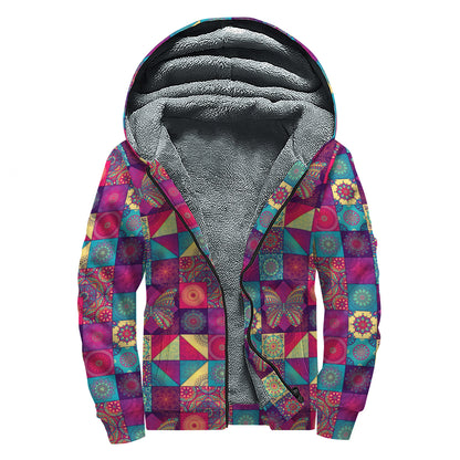 Bohemian Patchwork Pattern Print Sherpa Lined Zip Up Hoodie