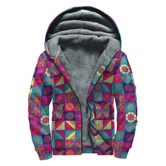 Bohemian Patchwork Pattern Print Sherpa Lined Zip Up Hoodie