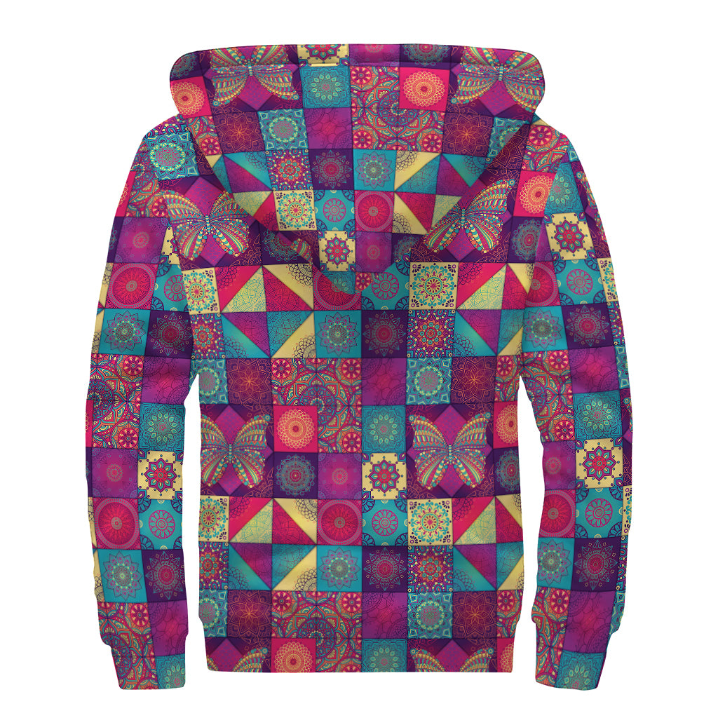 Bohemian Patchwork Pattern Print Sherpa Lined Zip Up Hoodie