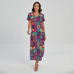 Bohemian Patchwork Pattern Print Short Sleeve Maxi Dress