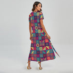 Bohemian Patchwork Pattern Print Short Sleeve Maxi Dress