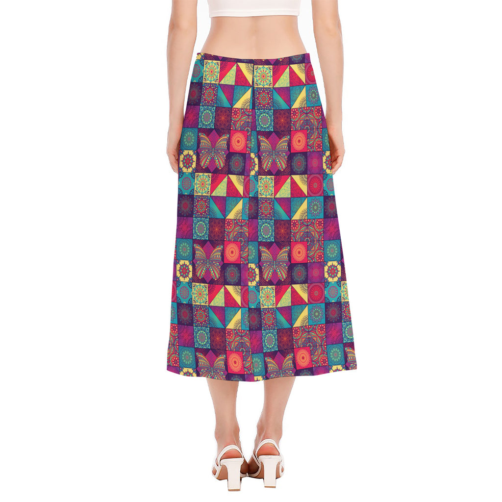 Bohemian Patchwork Pattern Print Side Slit Midi Skirt