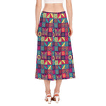 Bohemian Patchwork Pattern Print Side Slit Midi Skirt