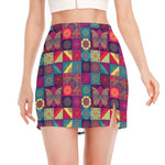 Bohemian Patchwork Pattern Print Side Slit Mini Skirt