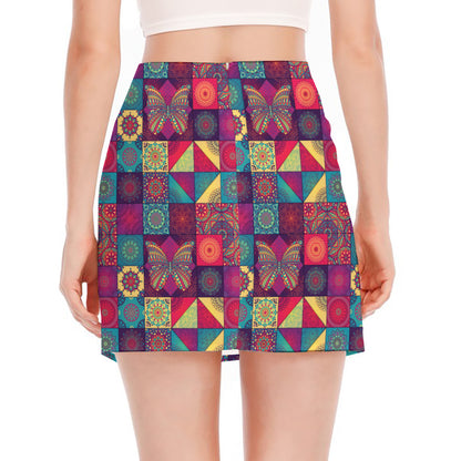 Bohemian Patchwork Pattern Print Side Slit Mini Skirt