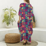 Bohemian Patchwork Pattern Print Silk V-Neck Kaftan Dress