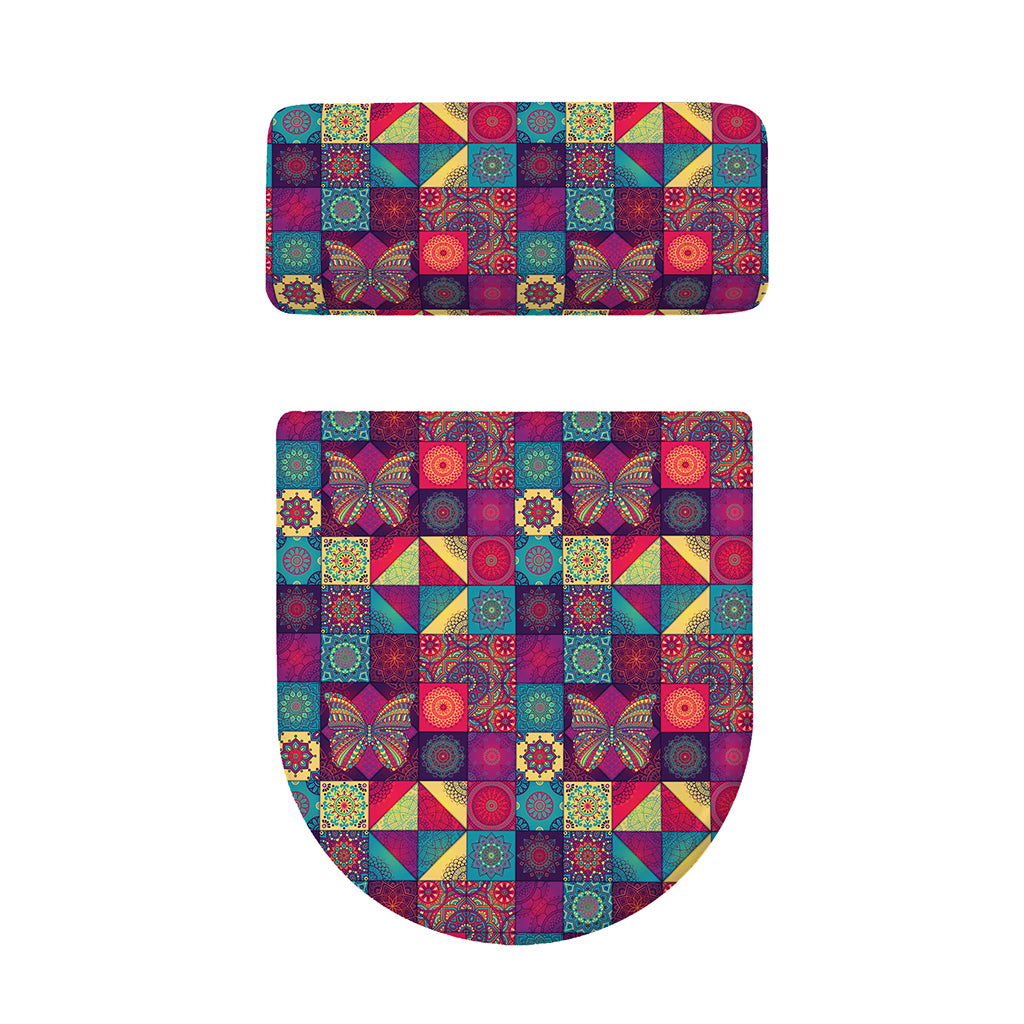 Bohemian Patchwork Pattern Print Toilet Lid And Tank Cover Set