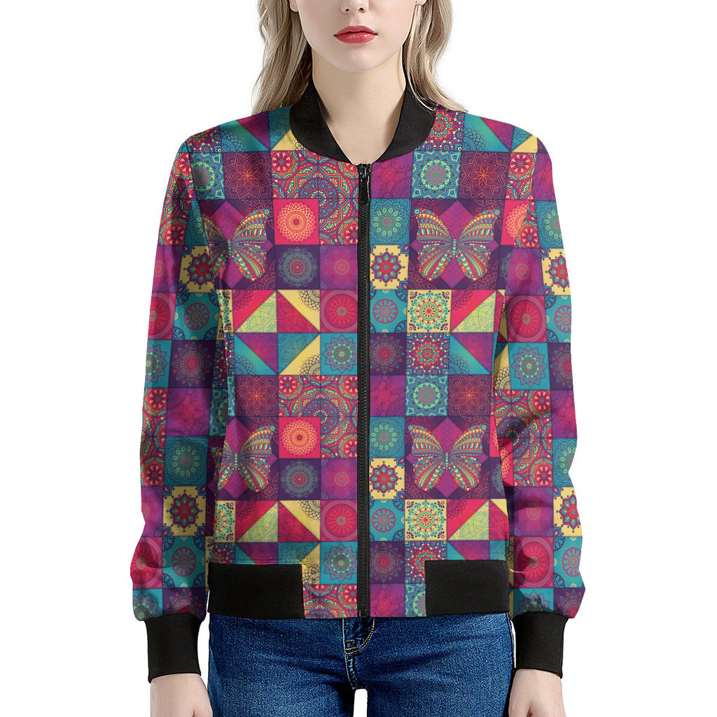 Bohemian Patchwork Pattern Print Women's Bomber Jacket