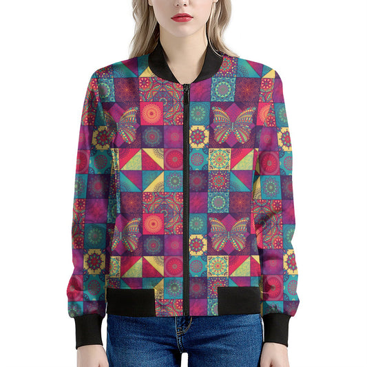 Bohemian Patchwork Pattern Print Women's Bomber Jacket