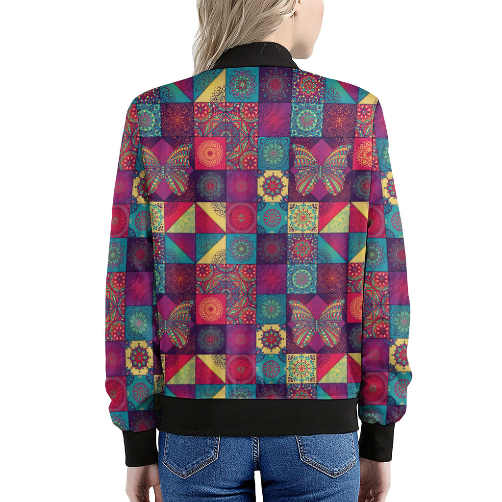 Bohemian Patchwork Pattern Print Women's Bomber Jacket